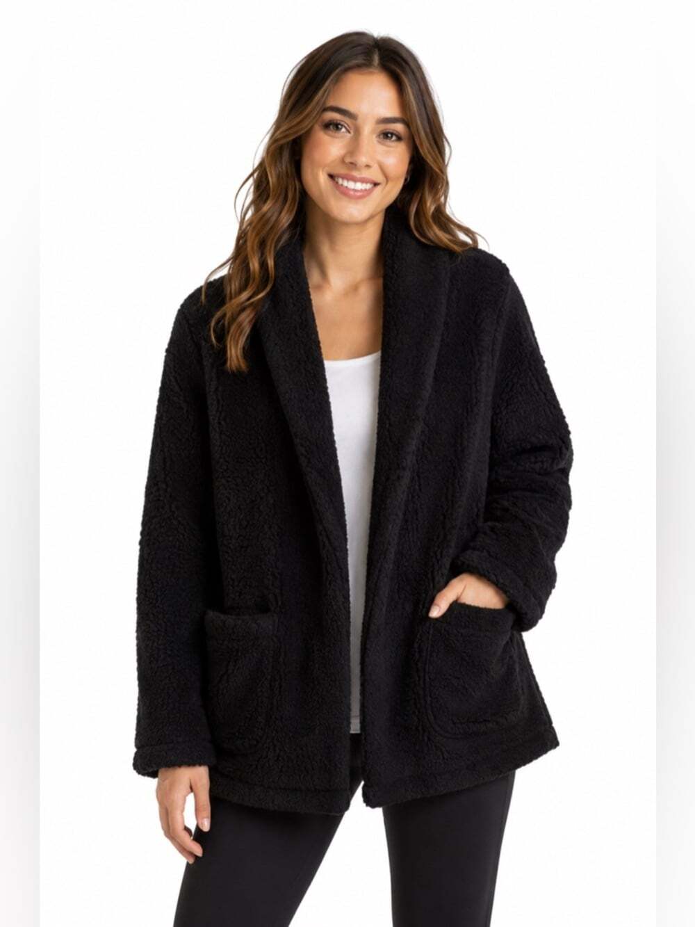 Lord & Taylor Black Sherpa Pockets Open Front Oversized Jacket Coat